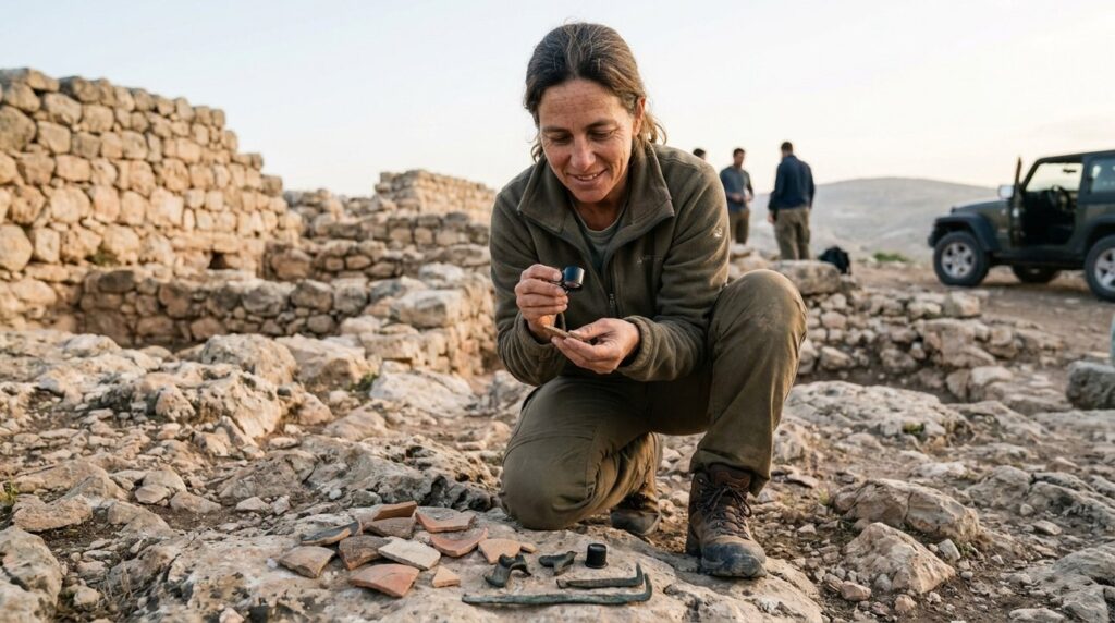 Israeli archaeologist examines artifacts at Ephes Dammim in rugged terrain.