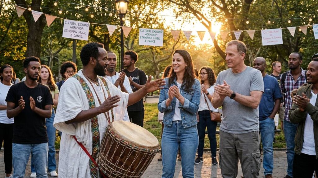 Ethiopian man teaches dance to Israeli woman and Caucasian man in park.