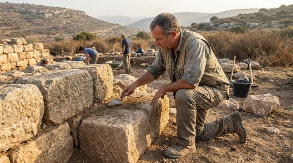 Israeli archeologist examines ancient fortifications at Sokoh, with rugged backdrop.