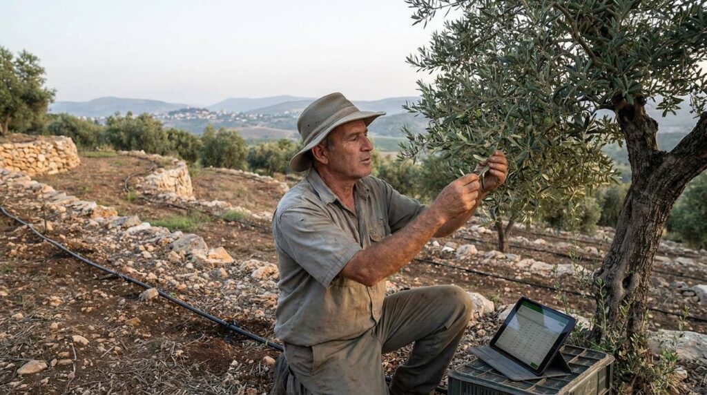 Middle-aged Israeli farmer inspecting olive trees in a grove.