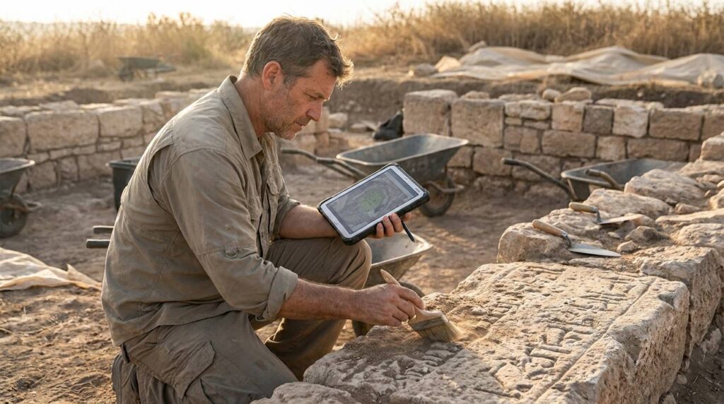 Male archaeologist using brush and tablet at Bezer ruins site.