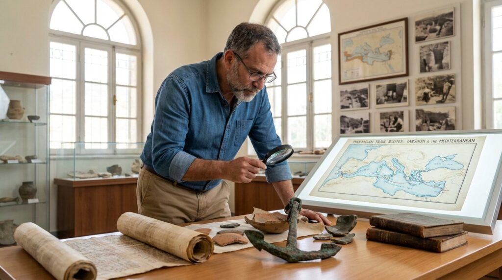 Israeli historian examines ancient maritime artifacts in a well-lit museum.