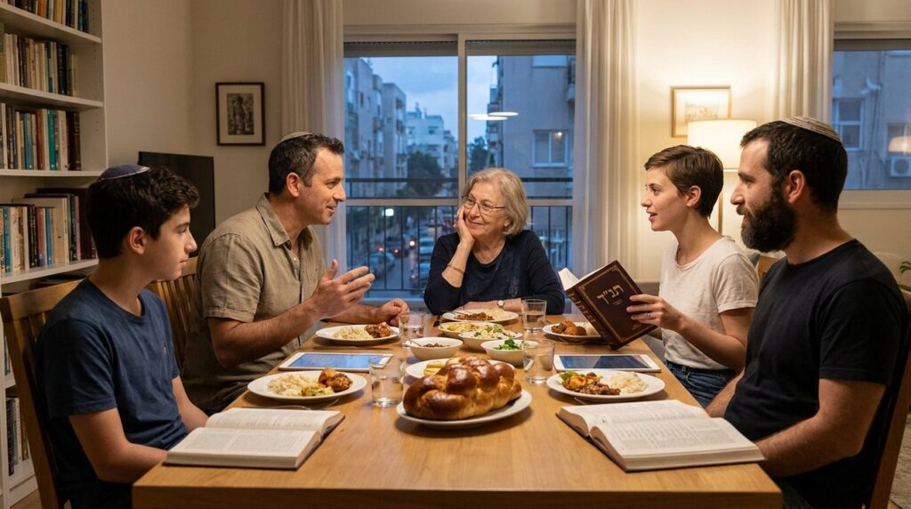 Israeli family discusses religious texts at dinner table, engaged expressions.
