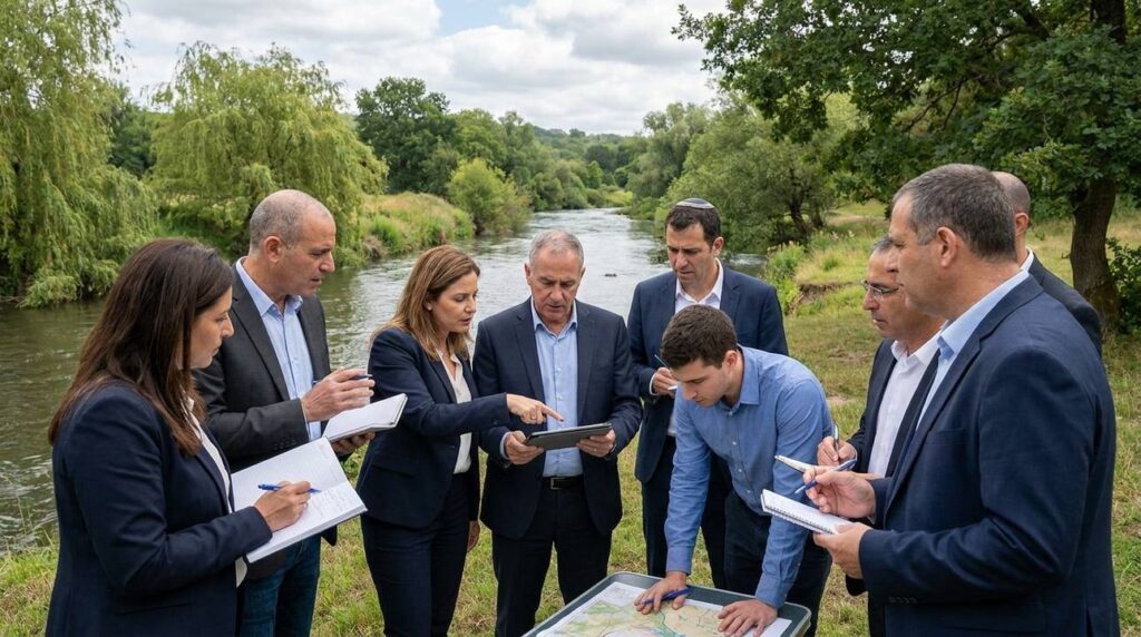 Israeli leaders in business attire discuss strategy by a river.