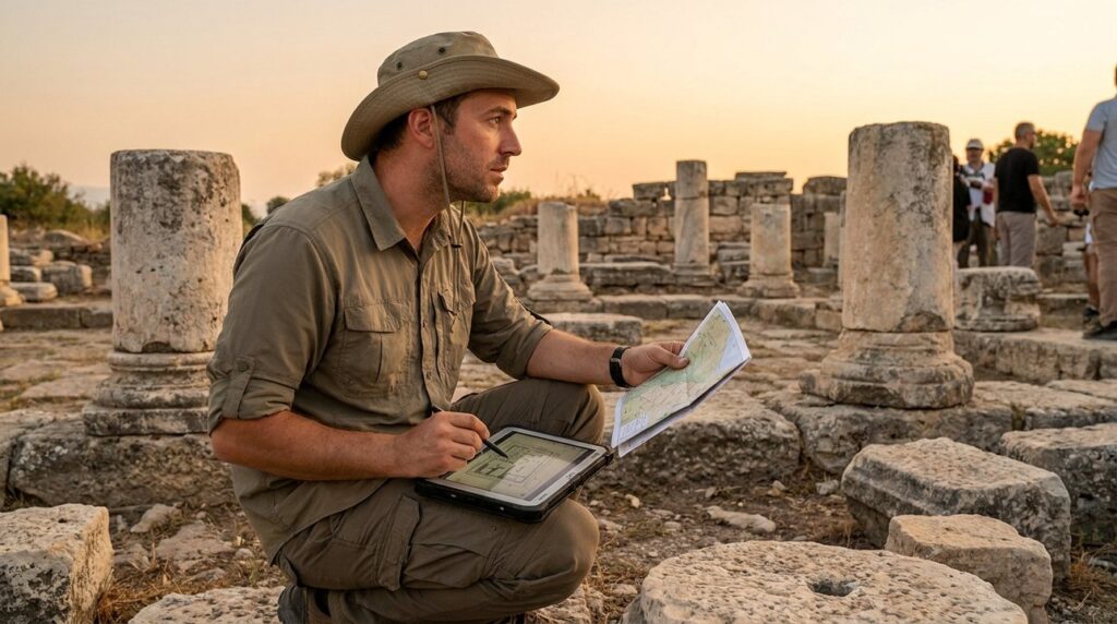 Male archaeologist examines stone ruins in Derbe, holding map and tablet.