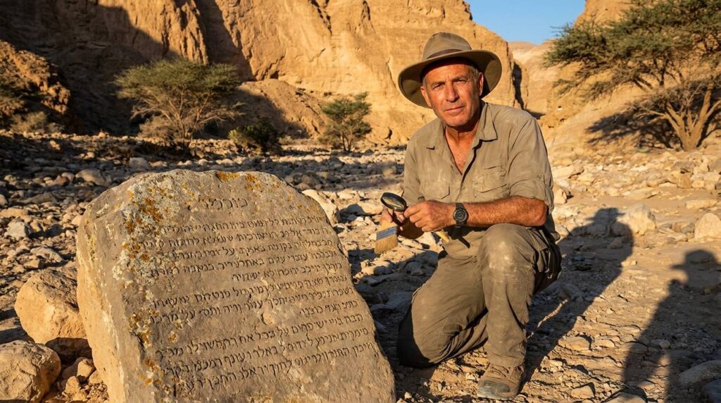 Israeli archeologist examines stone inscriptions near Zered river in desert.