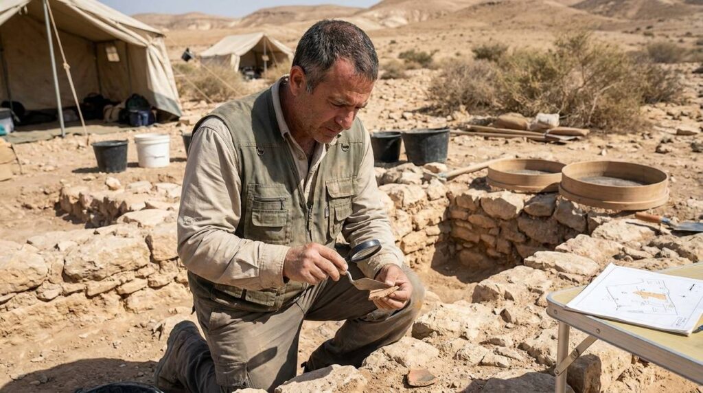 Israeli archaeologist examining ancient ruins in the Negev desert.