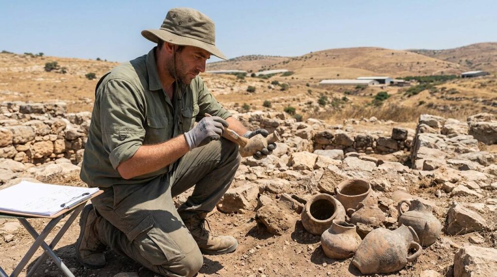 Israeli archaeologist examines ancient containers in Gilead's arid landscape.