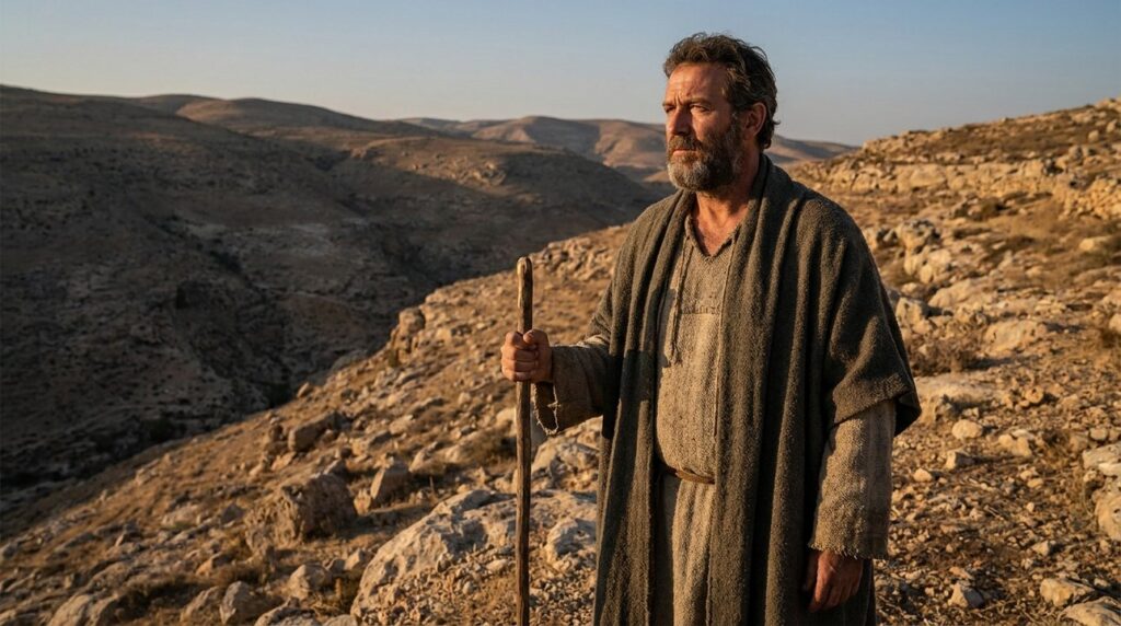 Middle-aged man in biblical attire stands in rugged Gilead landscape.