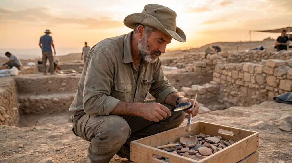 Israeli archaeologist examines artifacts at Achor site in late afternoon light.