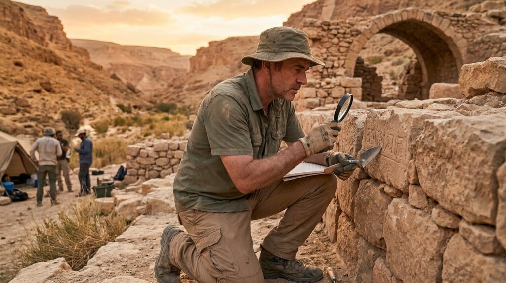 Male archaeologist examines ancient ruins in Pass of Ziz desert.