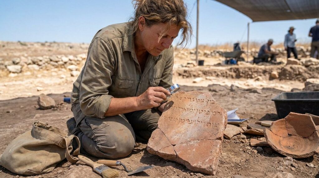 Middle-aged archaeologist examines Ammonite inscriptions on tablets at Israeli site.