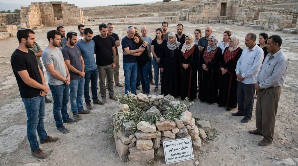 Israeli and Egyptian individuals mourn together at Abel-Mizraim site.