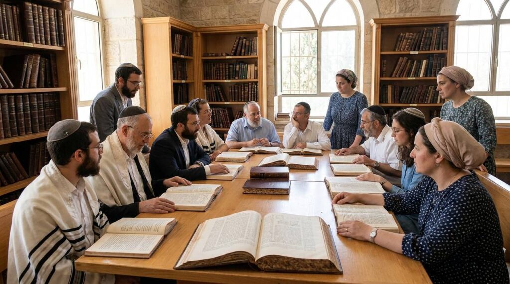 Diverse group of Jewish men and women studying texts in synagogue.
