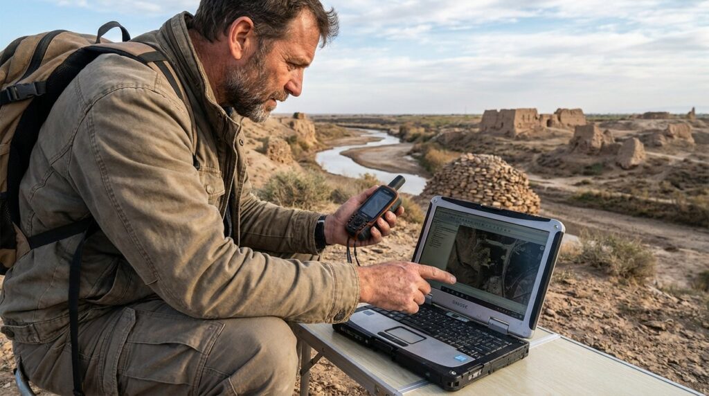 Male archaeologist using GPS and laptop by Gozan River landmarks.
