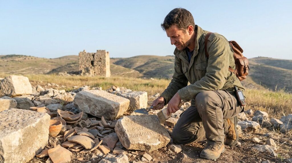 Archaeologist examines ancient stones at Migdal Eder in morning light.