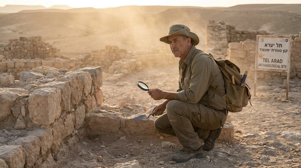 Middle-aged Israeli archaeologist examines ancient ruins in Negev desert.