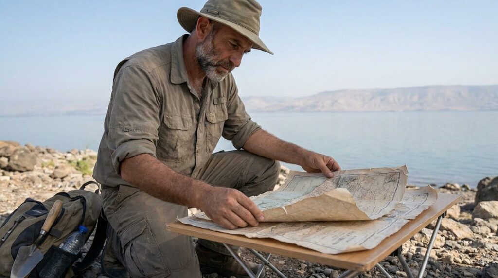 Israeli archeologist examines ancient maps by the Sea of Galilee.