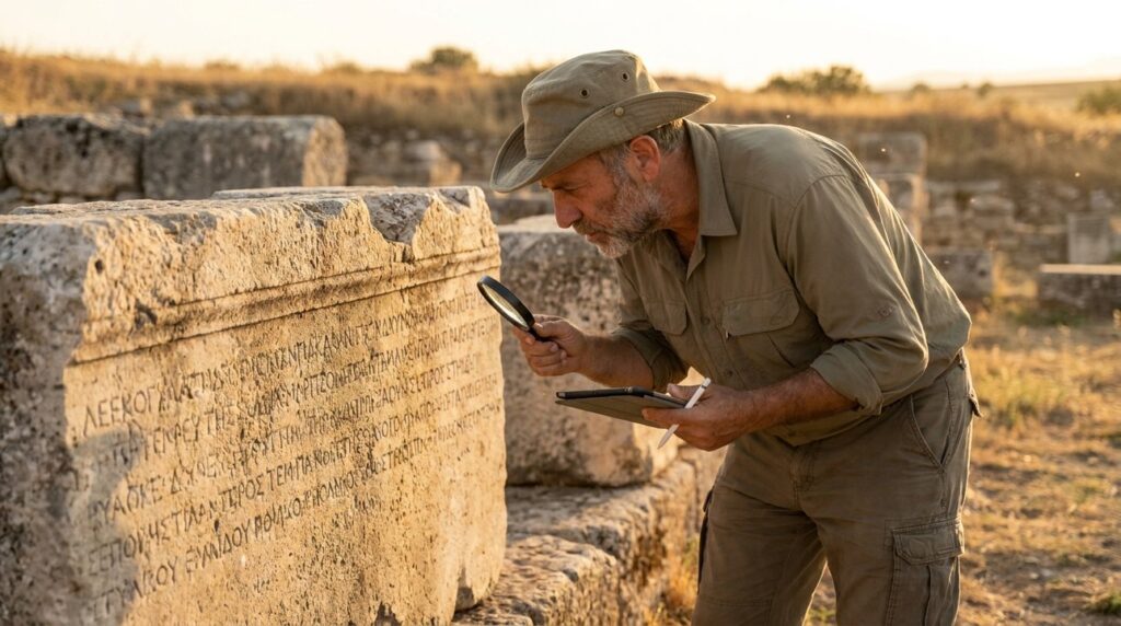 Archaeologist examines ancient inscriptions at Lystra in evening light.