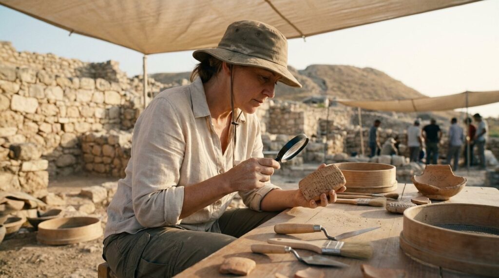 Archaeologist examining ancient clay tablets at Middle Eastern excavation site.