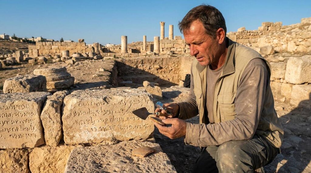 Archaeologist examines ancient ruins in Heshbon under clear morning light.