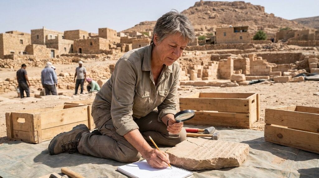 Israeli archaeologist examining ancient inscriptions on stones in daylight.