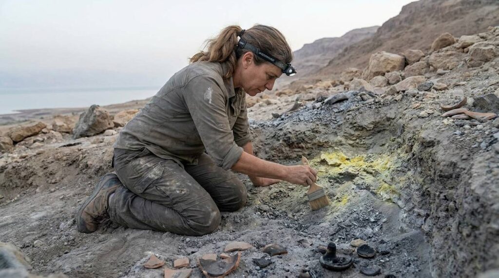 Israeli archaeologist examines ash and sulfur layers near the Dead Sea.