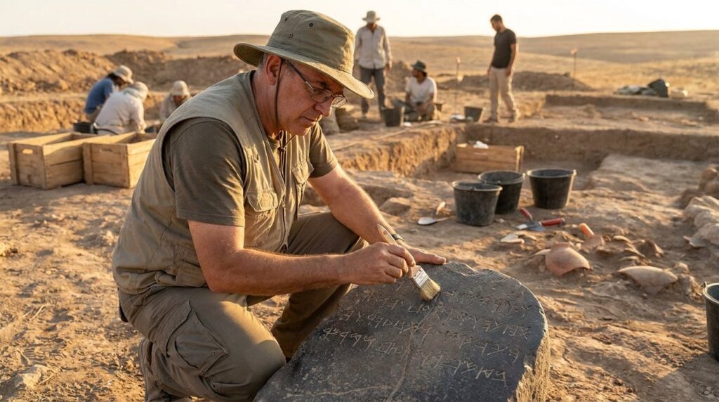 Middle-aged archaeologist examines Mesha Stele at excavation site.