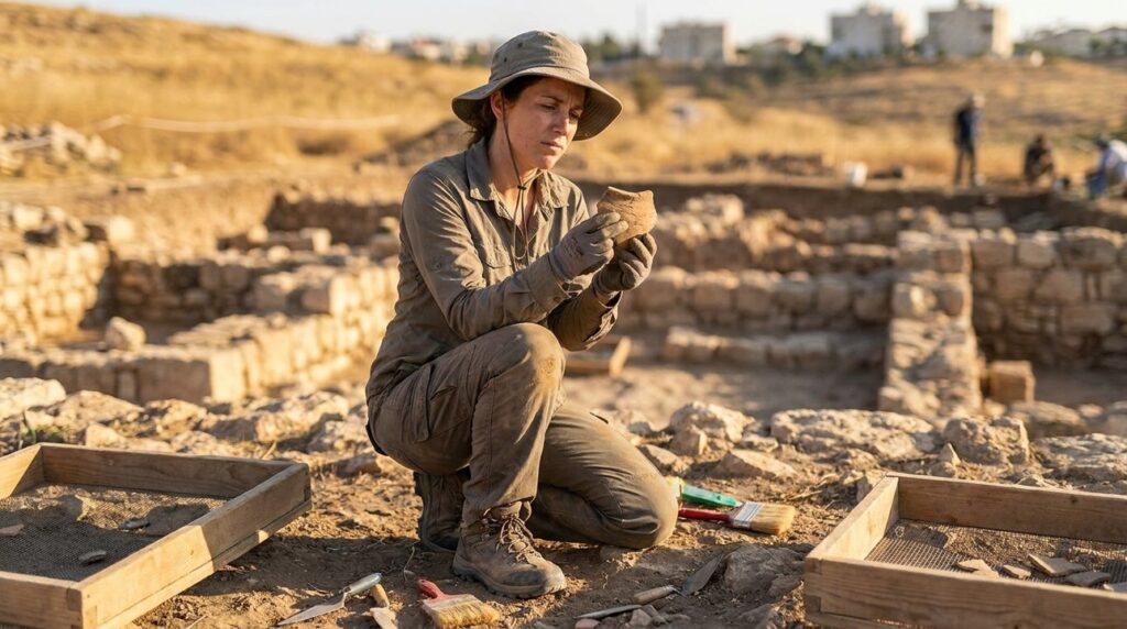 Israeli archaeologist examines pottery shard at Ramah excavation site.