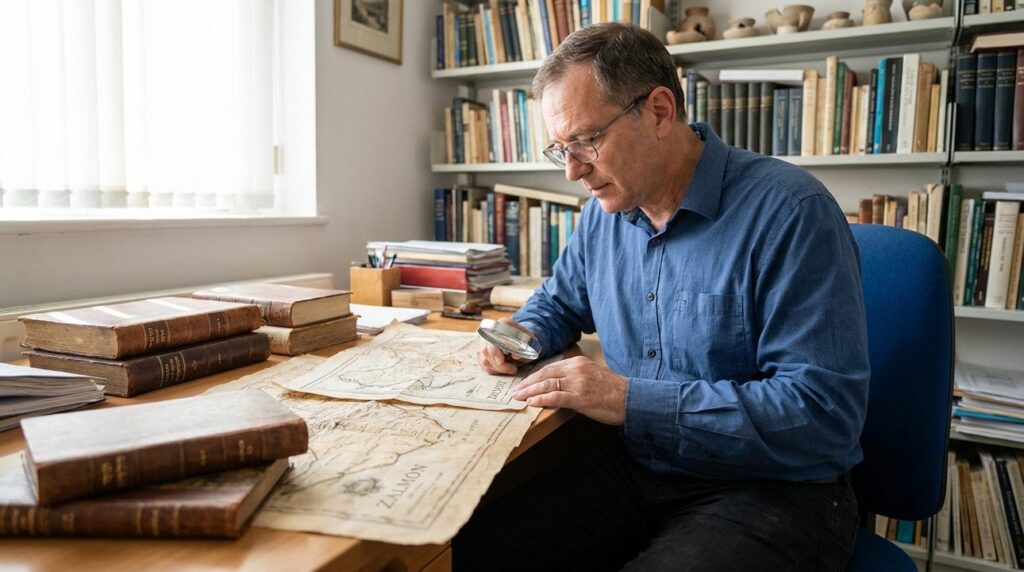 Israeli historian examines ancient maps in a book-lined office.