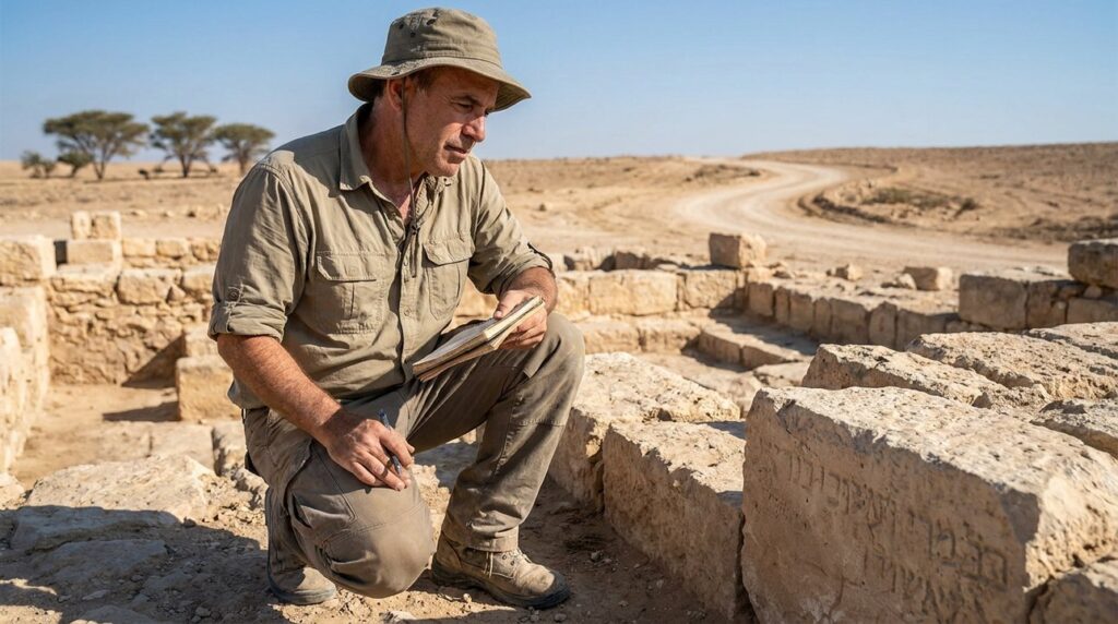 Israeli historian examines ancient ruins at Beer Lahai Roi, notebook in hand.