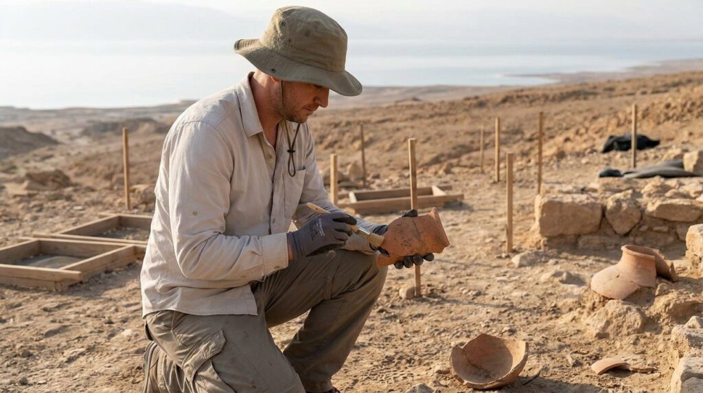 Archaeologist examining pottery shards at Dead Sea dig site.