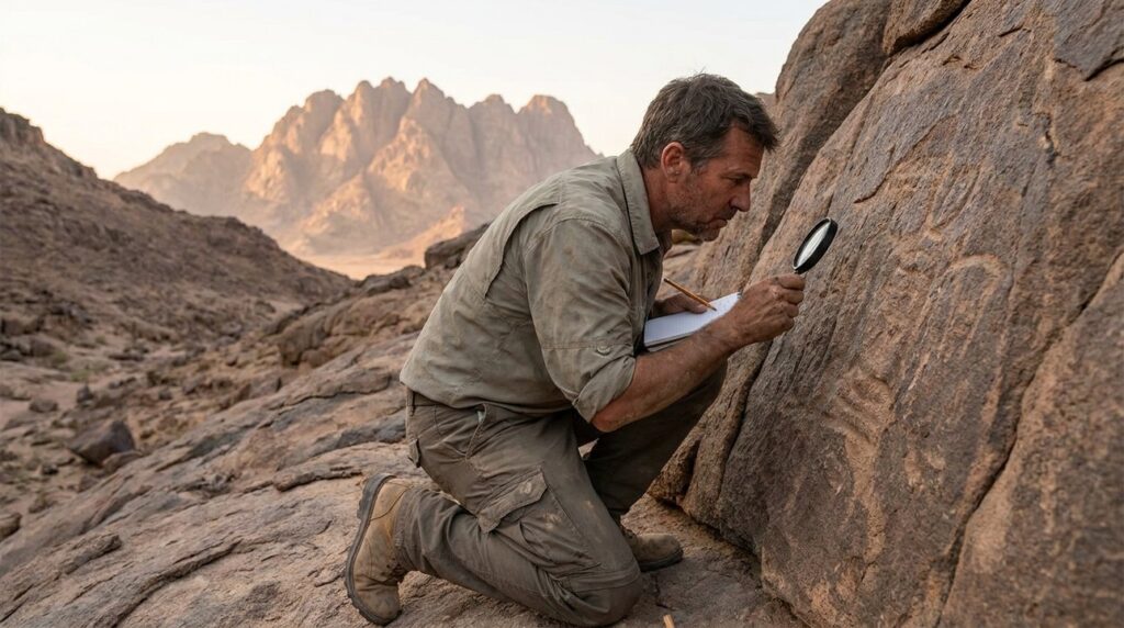 Archaeologist examining ancient inscriptions in Sinai Peninsula with mountain backdrop.