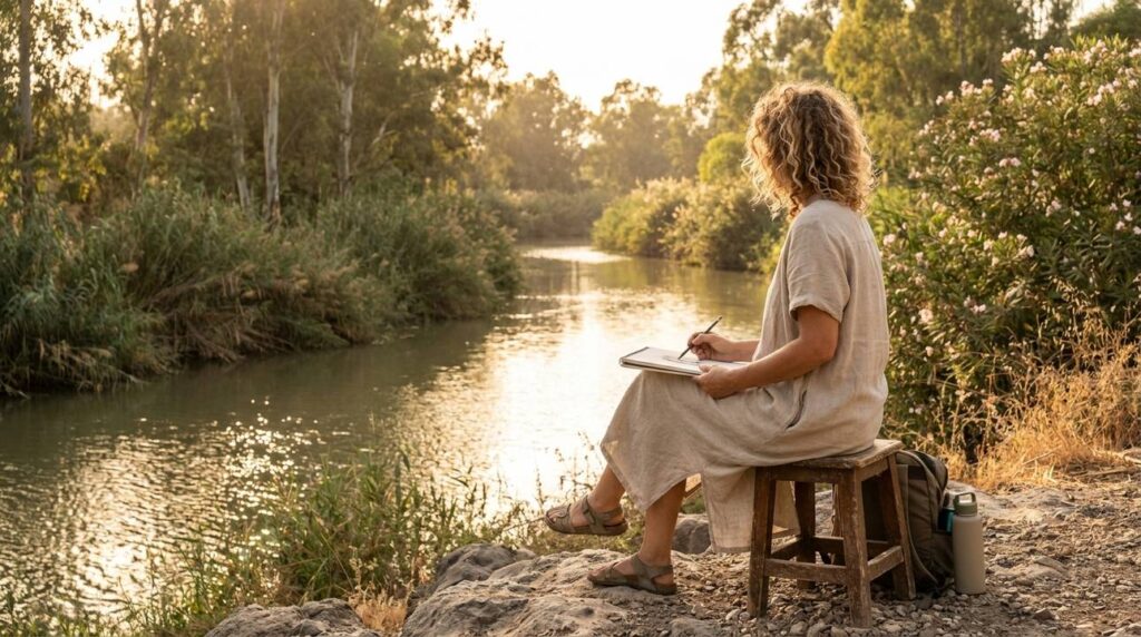 Israeli artist sketches Jordan River in flowing dress, late afternoon light.