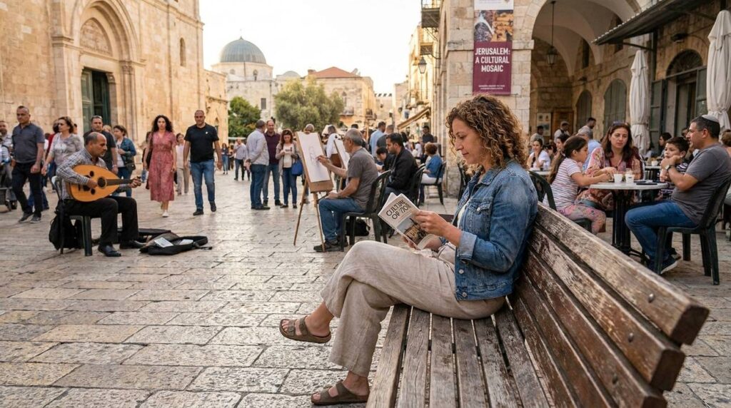 Israeli woman reading on bench in lively Jerusalem square.