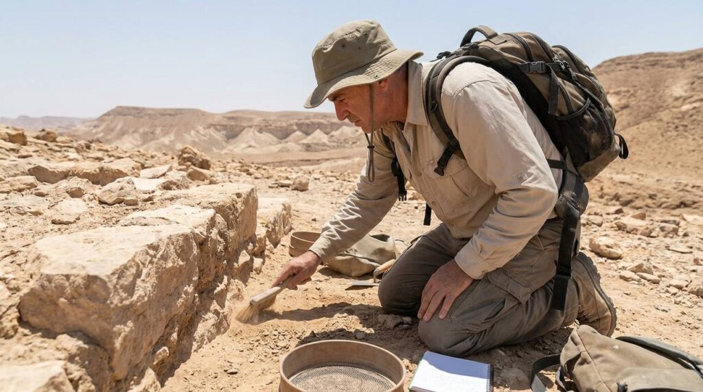Israeli archaeologist examines ancient ruins in Paran desert.