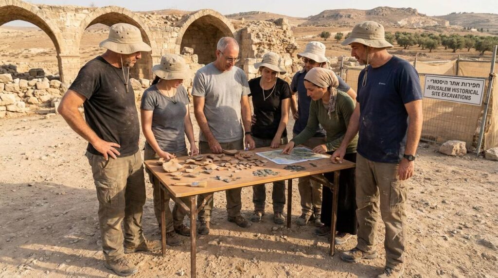 Group of historians and archaeologists examining artifacts near Jerusalem.