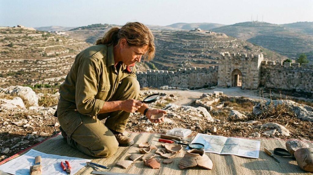 Israeli archaeologist examines artifacts at Aijalon with rugged terrain behind.