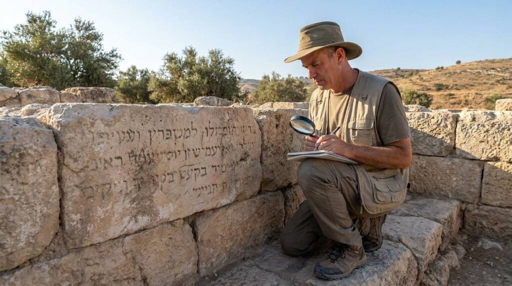 Israeli archaeologist examining ancient inscriptions at a sunny archaeological site.