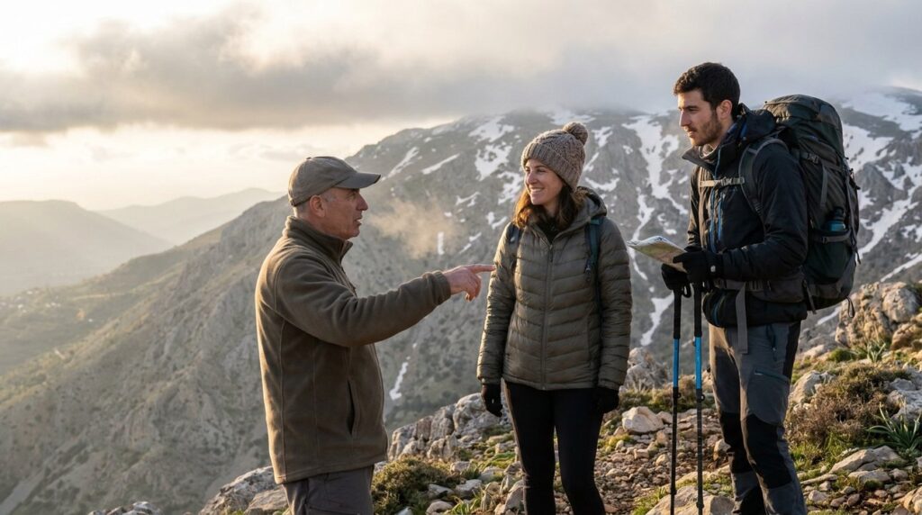 Diverse Israeli hikers discussing on Mount Hermon in morning light.