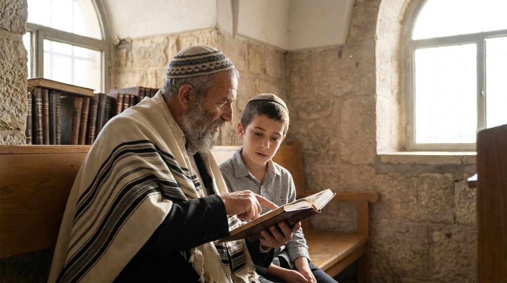 Elderly Jewish man with kippah teaching boy in sunlit synagogue.