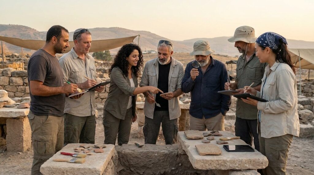Diverse group of archaeologists examining artifacts at Karnaim dig site.