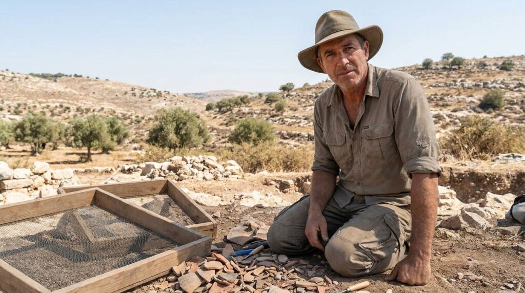 Israeli archaeologist examines artifacts at Shiloh with hills in background.