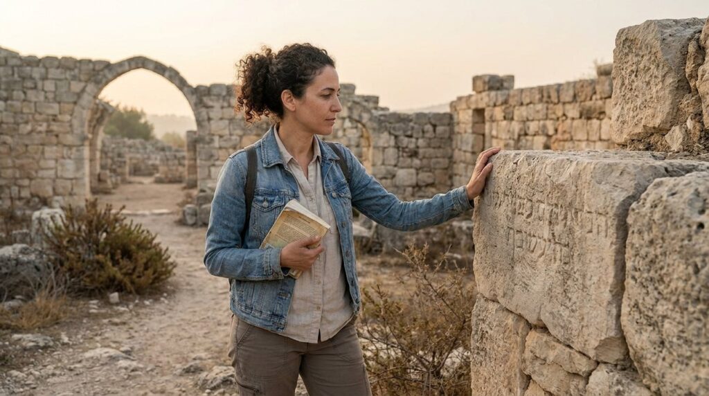 Israeli woman in her 30s exploring ancient ruins of En Dor.