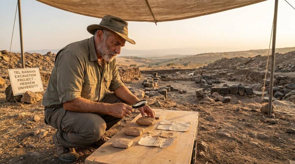 Israeli archaeologist studies ancient texts at Bashan dig site.