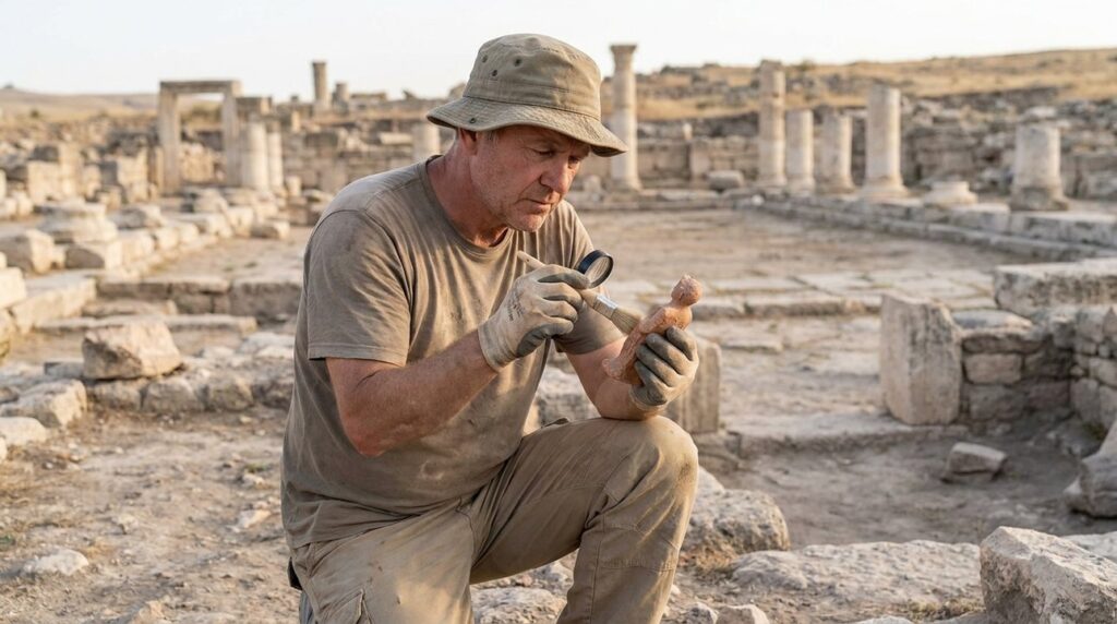 Archeologist examines terracotta artifacts at Pessinus excavation site.