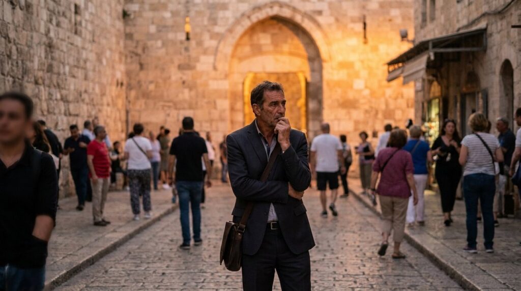 Israeli man in suit pausing thoughtfully near Tower of David.
