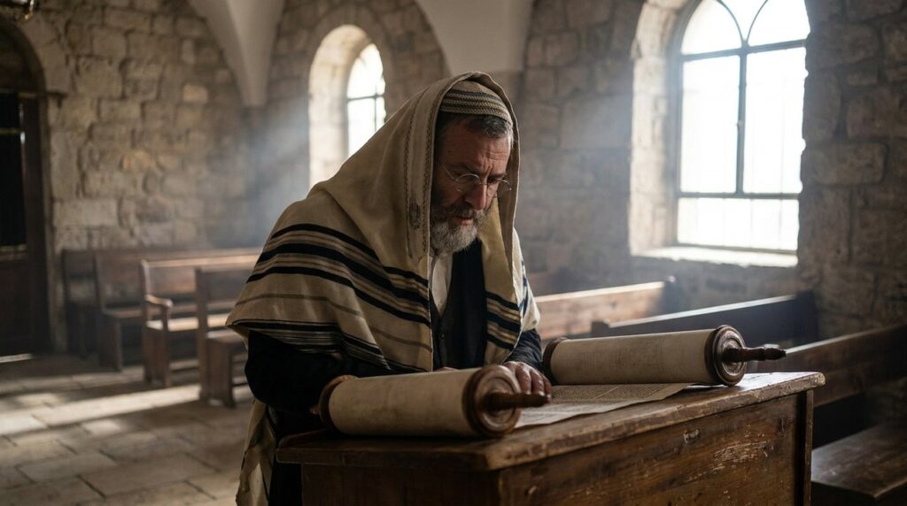 Jewish man in tallit and kippah reading Torah in synagogue.