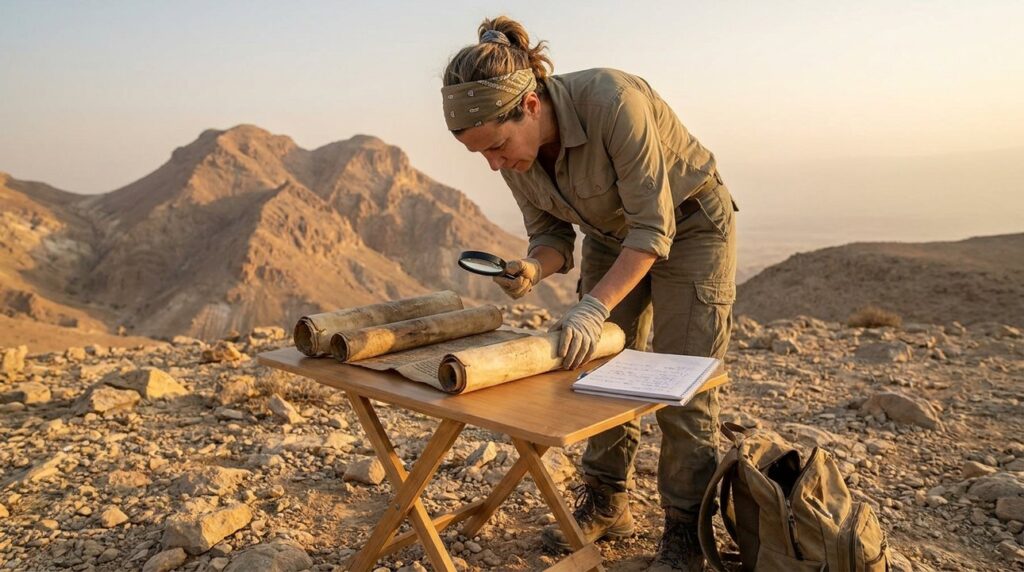 Israeli historian examines ancient scrolls near Mount Amana with magnifying glass.