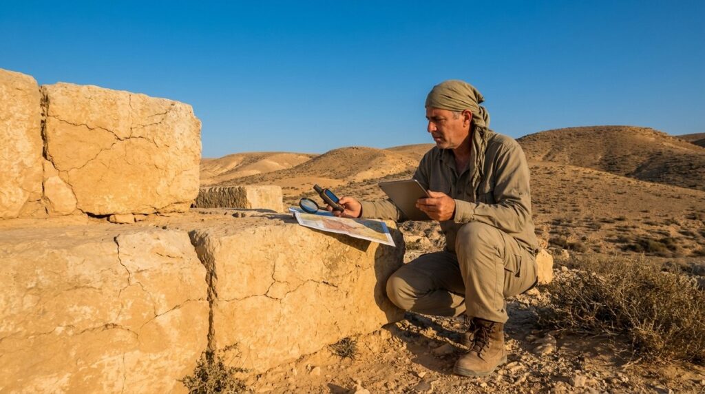 Israeli archaeologist examining ancient ruins in desert with map and tools.
